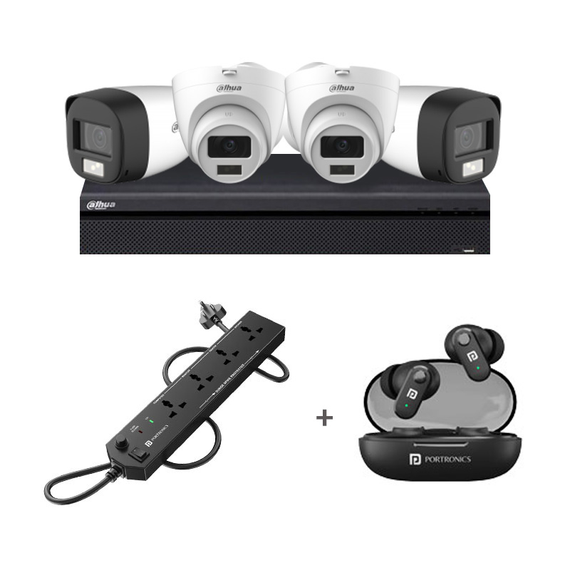 Picture of Dahua 4 CCTV Cameras Combo (2 Indoor & 2 Outdoor CCTV Cameras) (Colour View With Mic) 👨🏻‍🔧 With CCTV Installation + 4CH DVR + HDD + Accessories + Power Supply + 90m Cable +Portronics Power Plate 10 + Portronics Harmonics Twins S16 Earbuds